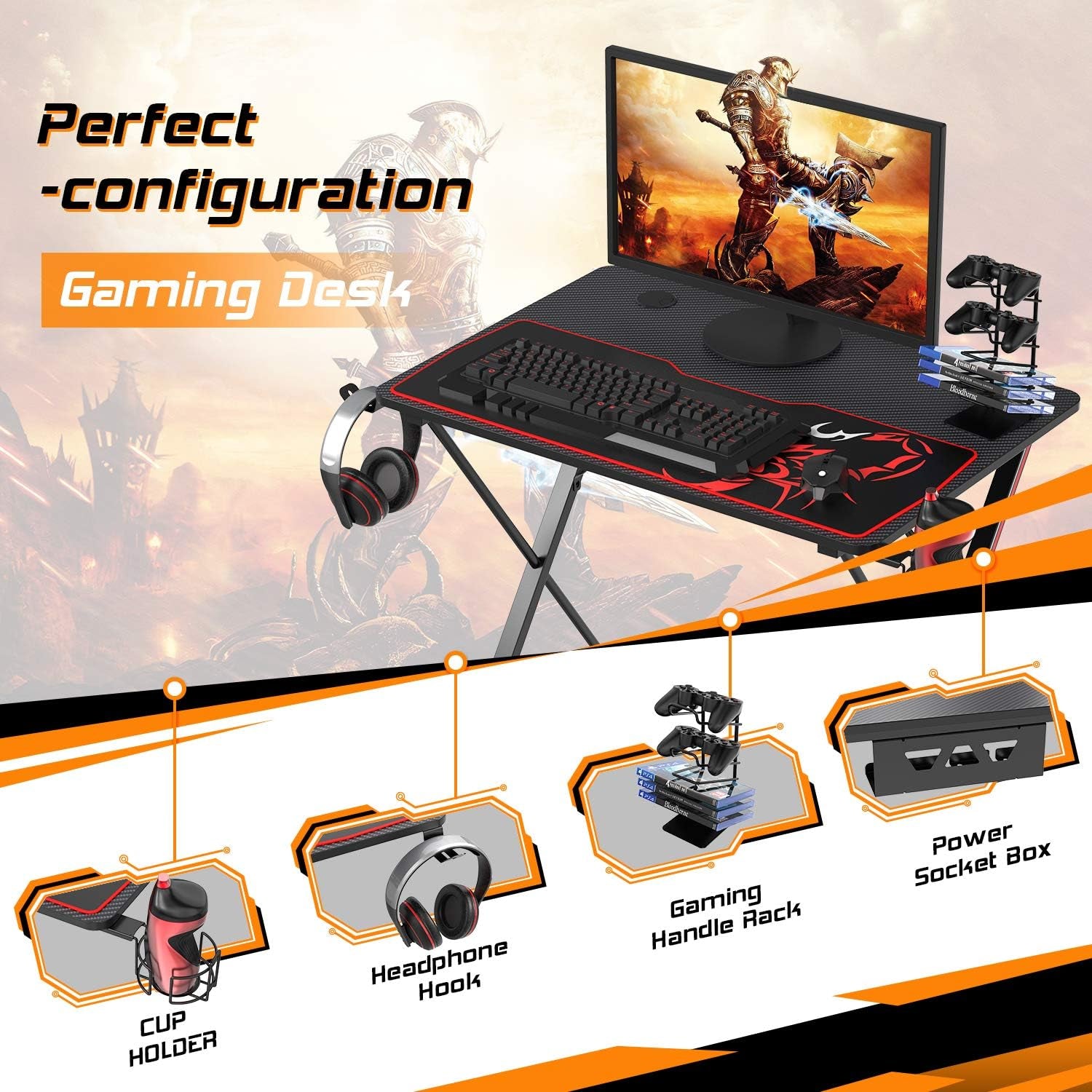31'' Gaming Desk, X-Shape Computer Desk with Free Mouse Pad, Cup Holder& Headphone Hook & Controller Stand, Gamer Workstation for Home Office, Black