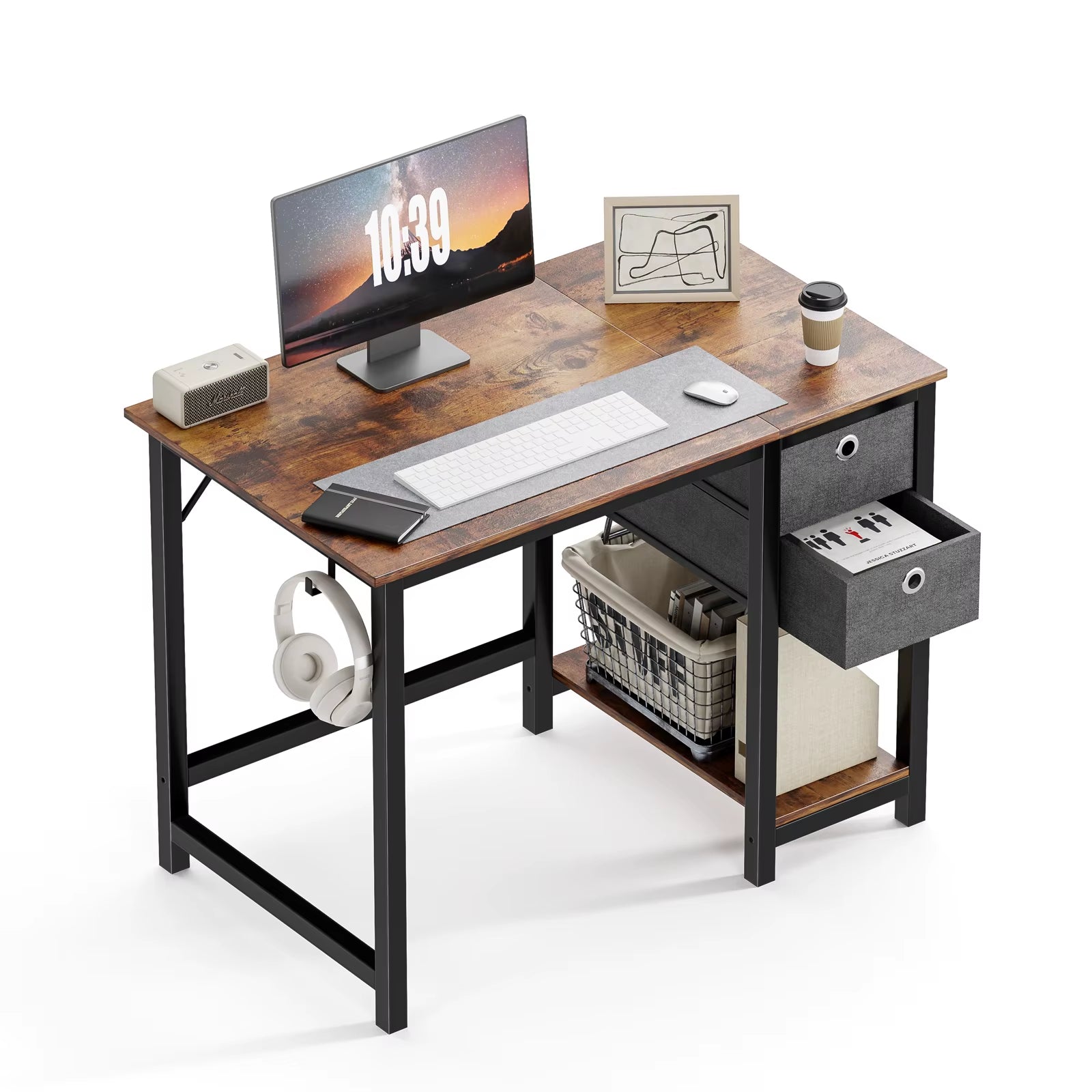 Computer Desk with Drawers 55 Inch Home Office Desk Writing Desk Work Desk PC Table Study Desk with 2-Tier Drawers