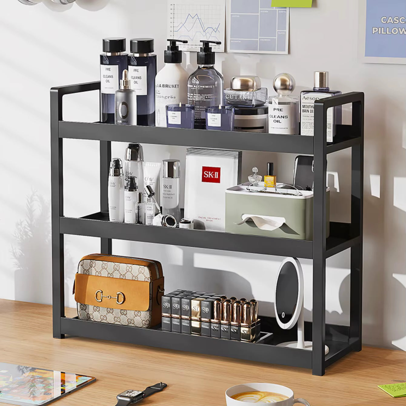 3-Tier Multifunctional Storage Shelf，Space-Saving Desktop Shelf，Desk Shelf，Organizer，Non-Slip Design and Easy to Assemble