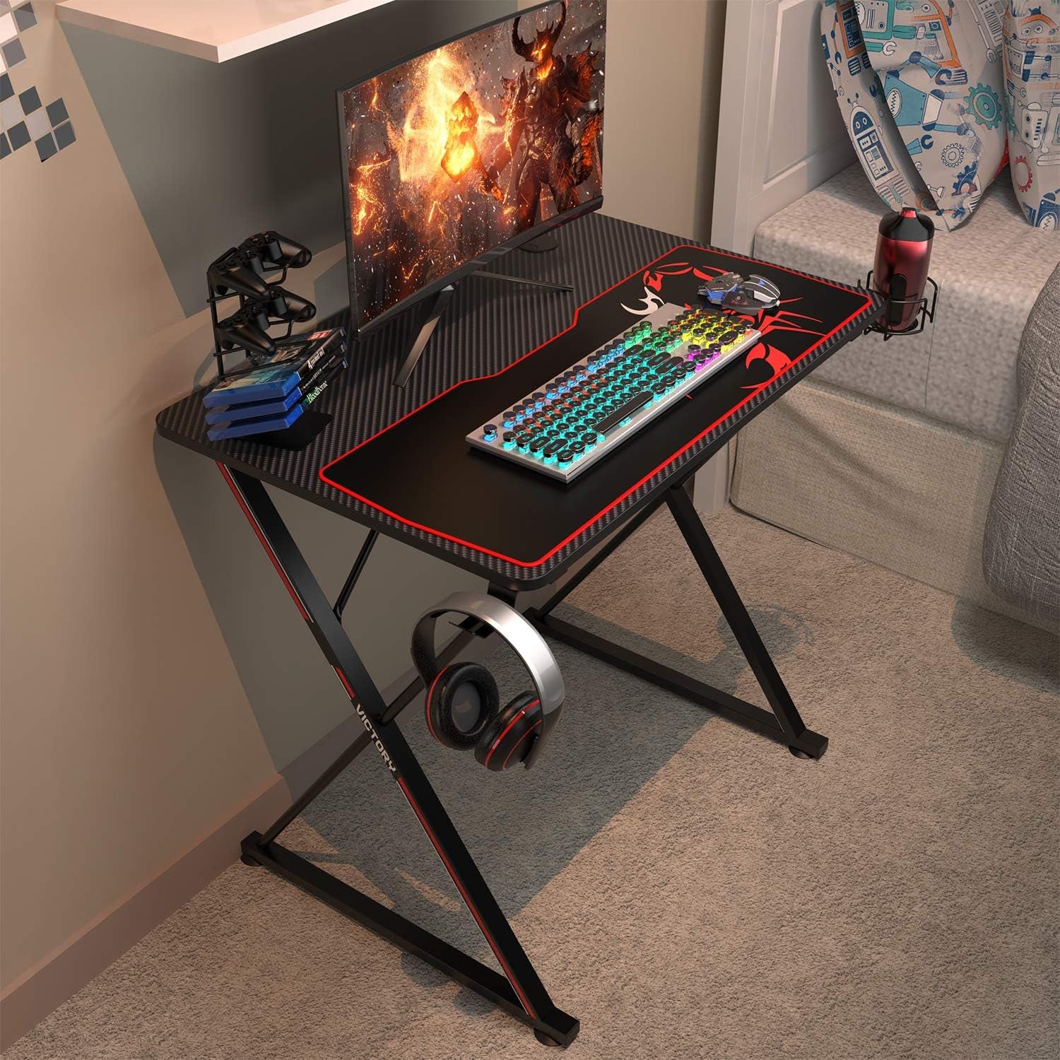 31'' Gaming Desk, X-Shape Computer Desk with Free Mouse Pad, Cup Holder& Headphone Hook & Controller Stand, Gamer Workstation for Home Office, Black