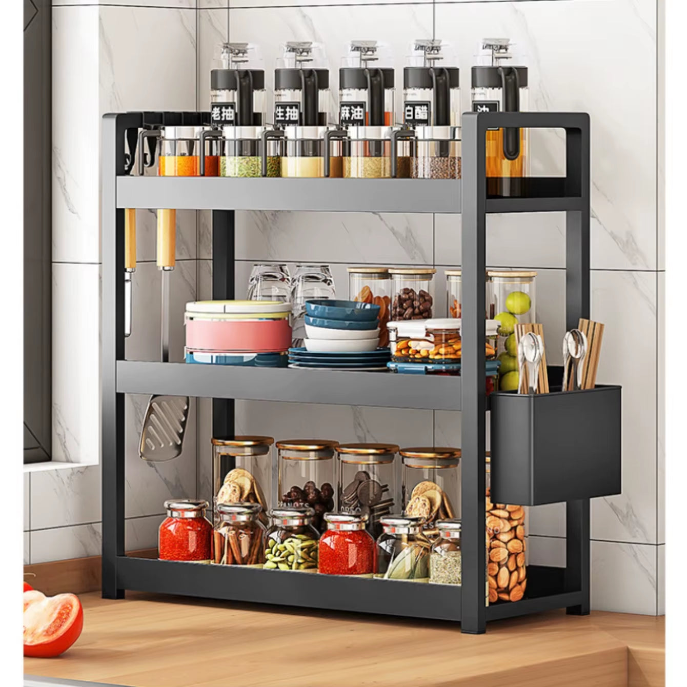 3-Tier Multifunctional Storage Shelf，Space-Saving Desktop Shelf，Desk Shelf，Organizer，Non-Slip Design and Easy to Assemble