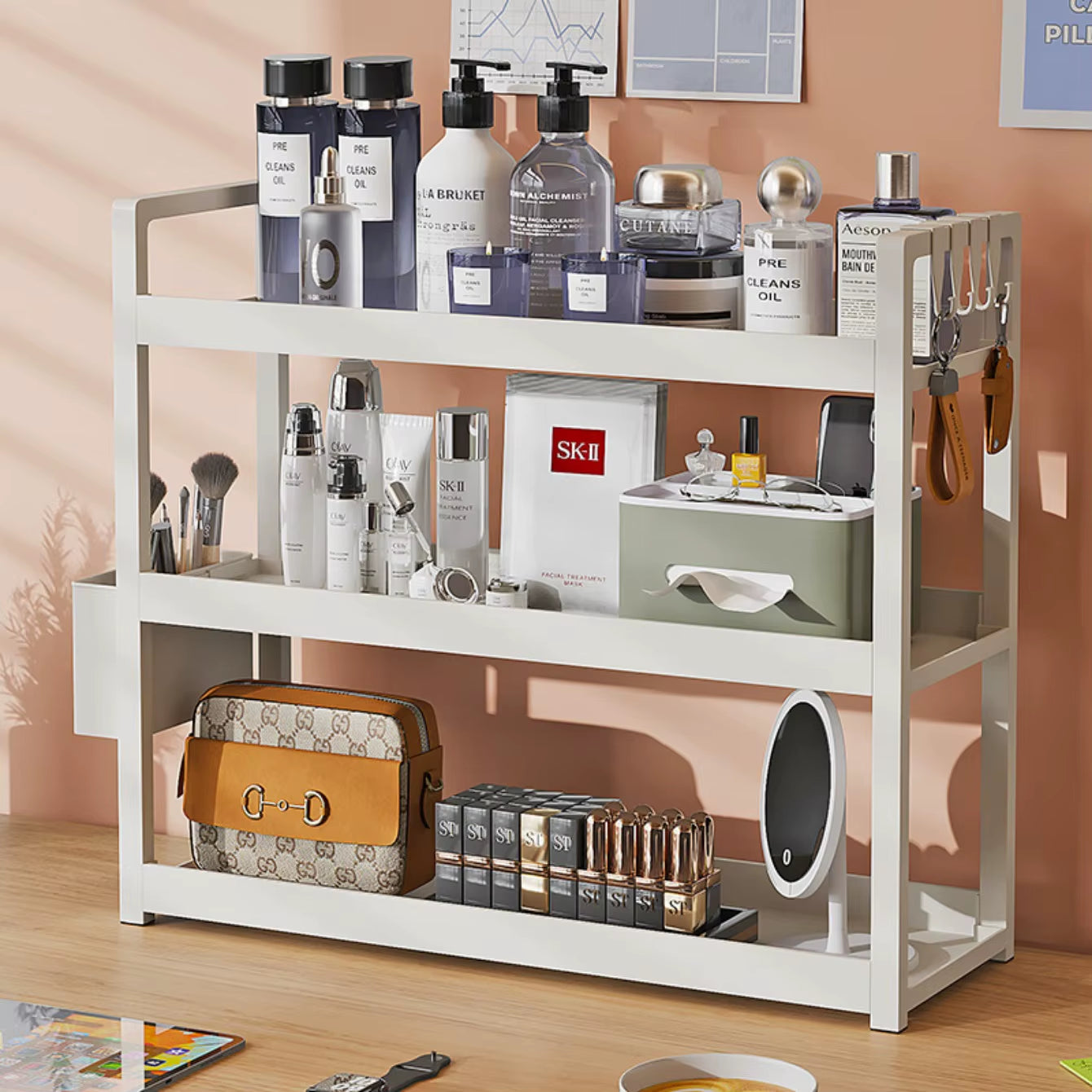 3-Tier Multifunctional Storage Shelf，Space-Saving Desktop Shelf，Desk Shelf，Organizer，Non-Slip Design and Easy to Assemble